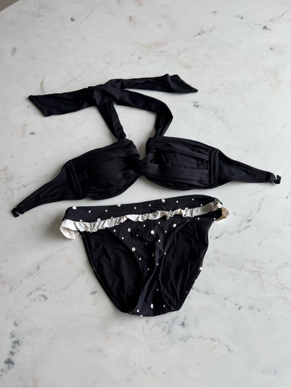 Seafolly Bathing Suit - Black Polka Dot Bikini with White Trim Size Small